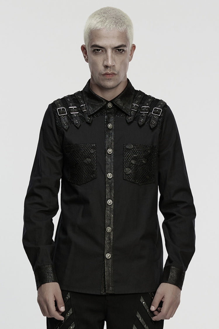 Black Lapel Collar Long Sleeves Stitching Buckle Straps Punk Blouse