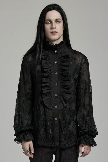 Black Stand Collar Lantern Sleeves Print Ruffle Lace Gothic Blouse