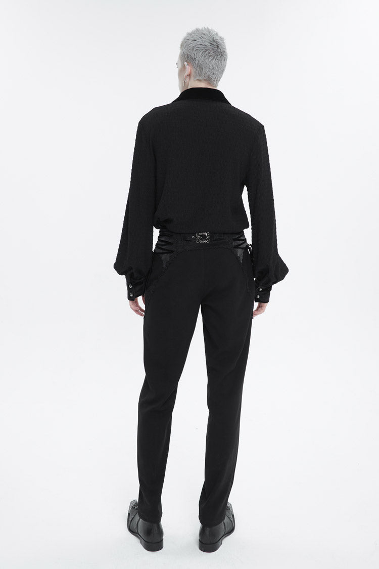 Black Embroidered Chest With Drawstring Strappy Puff Sleeved Gothic Shirt