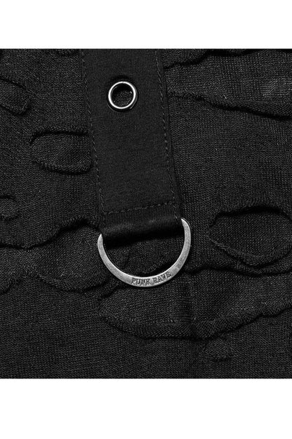 Black Gothic Broken Holes Knitted Fabric Stitching Metal Buckle Detachable Decorative Tape Long Sleeve T-shirt
