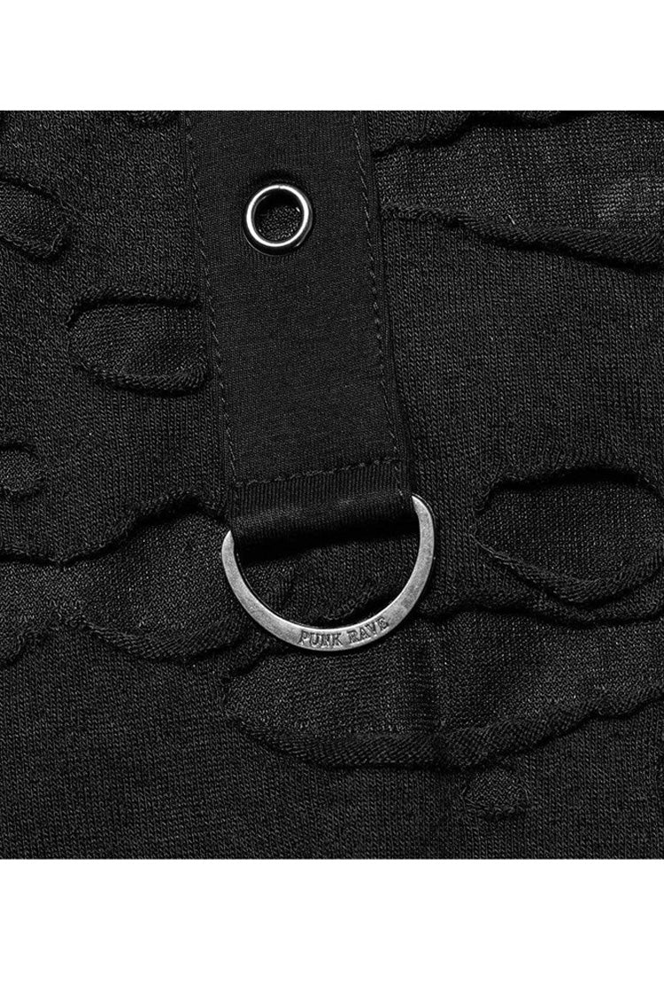 Black Gothic Broken Holes Knitted Fabric Stitching Metal Buckle Detachable Decorative Tape Long Sleeve T-shirt