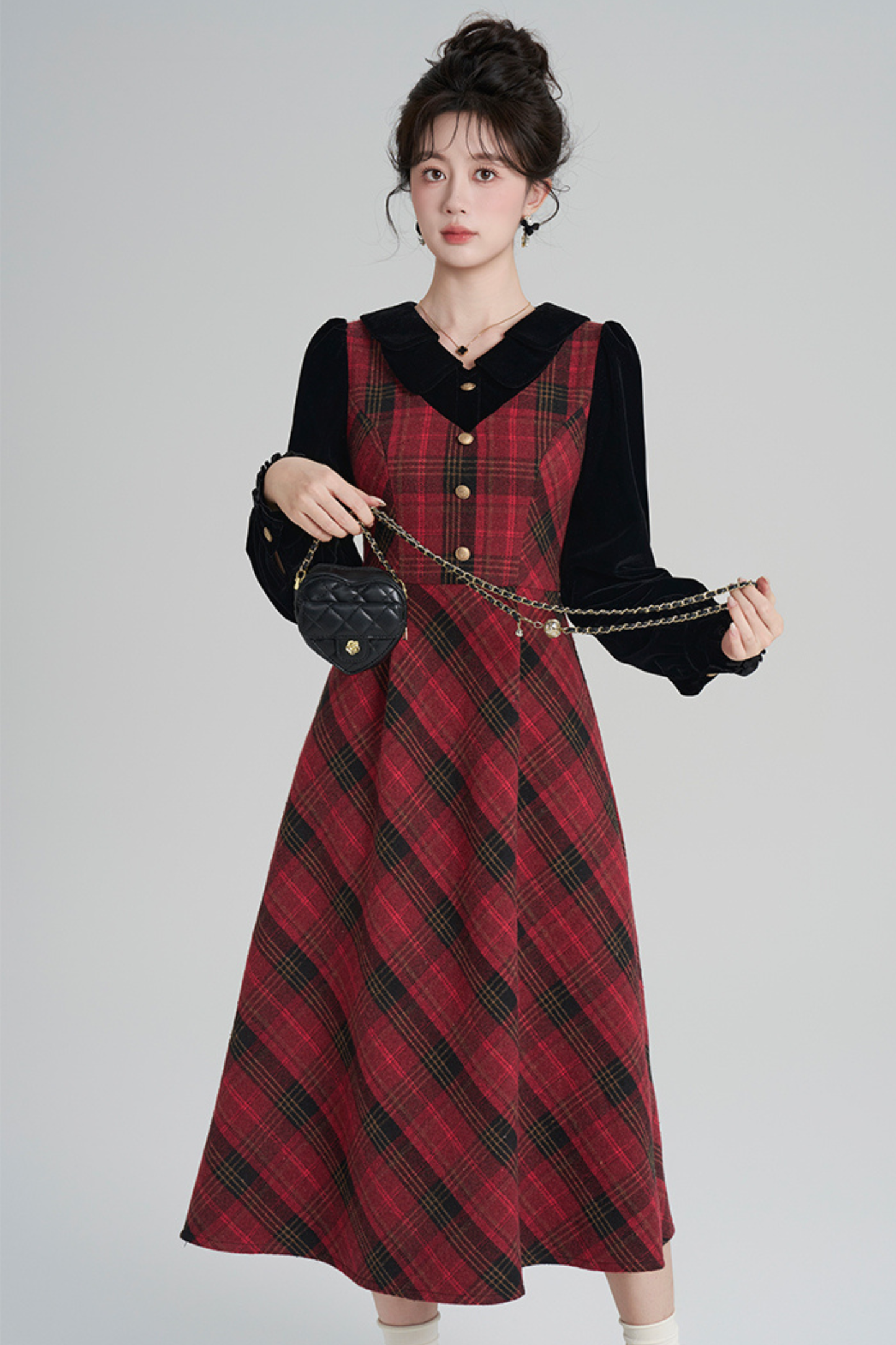 Red Retro Check Tweed Dress