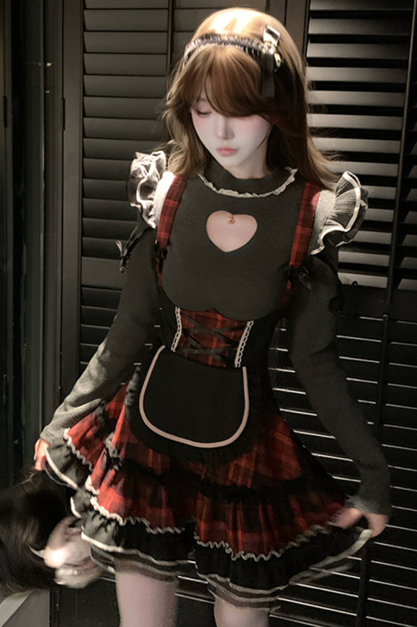Love Neckline Top + Plaid Skirt