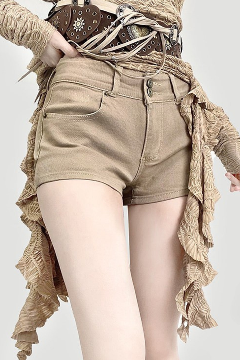 Khaki Ruffle Strapless Dress + Shorts