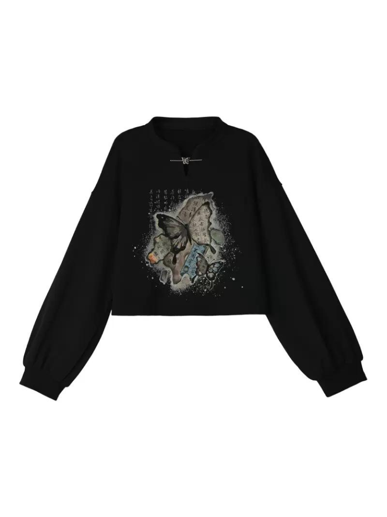 Chinese-style Butterfly Cropped Sweatshirt + Zip Design Hoodie Dress + Black Hoodie [pre-order]