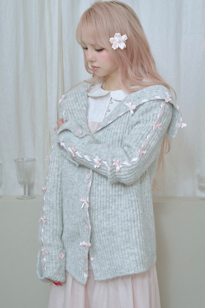 Lace-up Line Ribbon Knit Cardigan