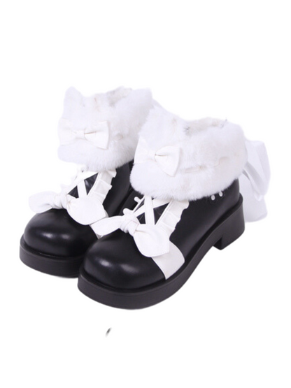 Snow Lolita Mid-heel Color Block Ribbon Sweet Velvet Short Boots