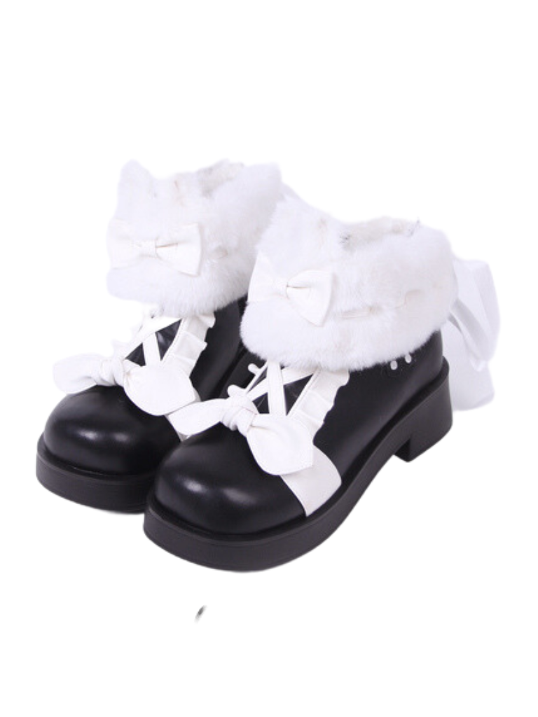 Snow Lolita Mid-heel Color Block Ribbon Sweet Velvet Short Boots