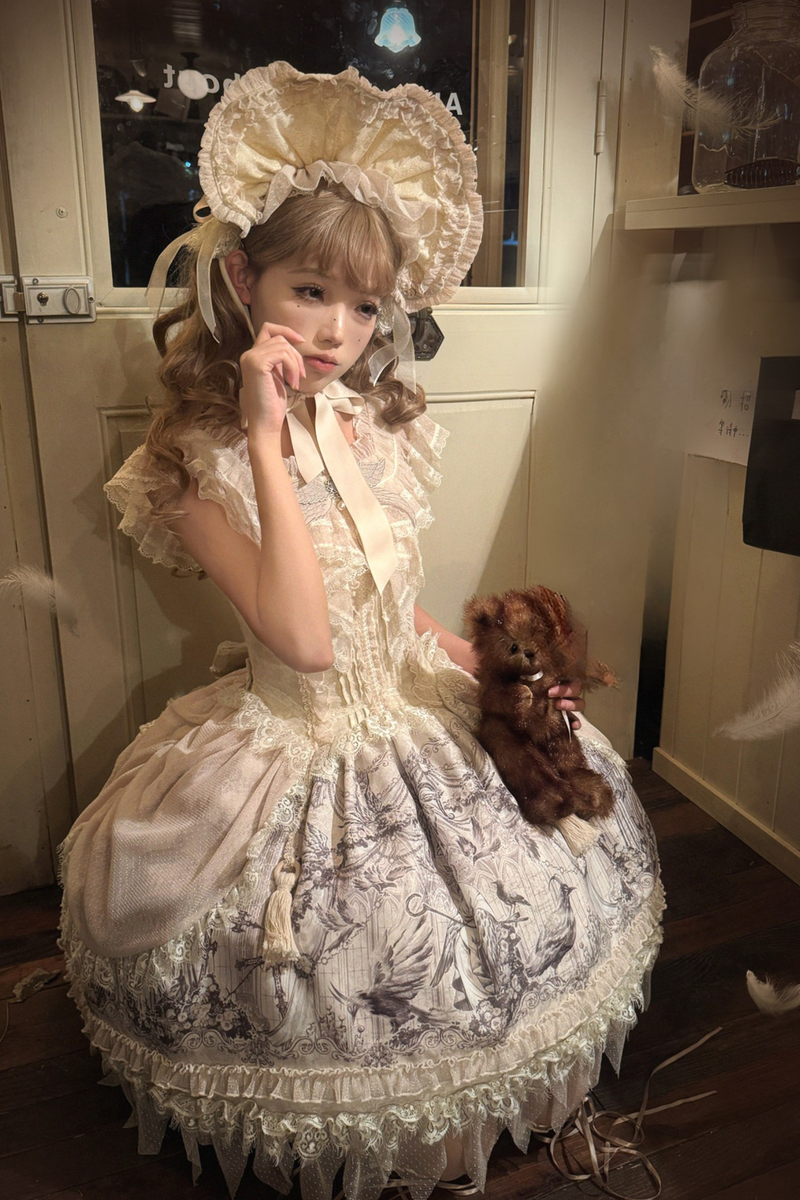 [pre-order] Sweet Lolita Feather Dress + Bonnet + Clips