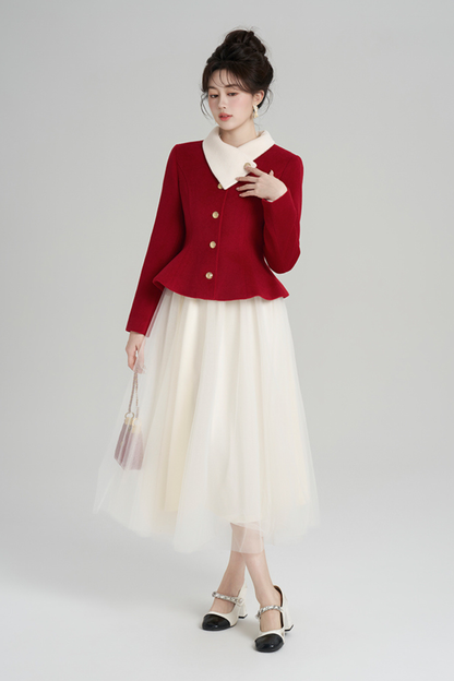 Red Wool Waist Cinching Coat + Long Dress