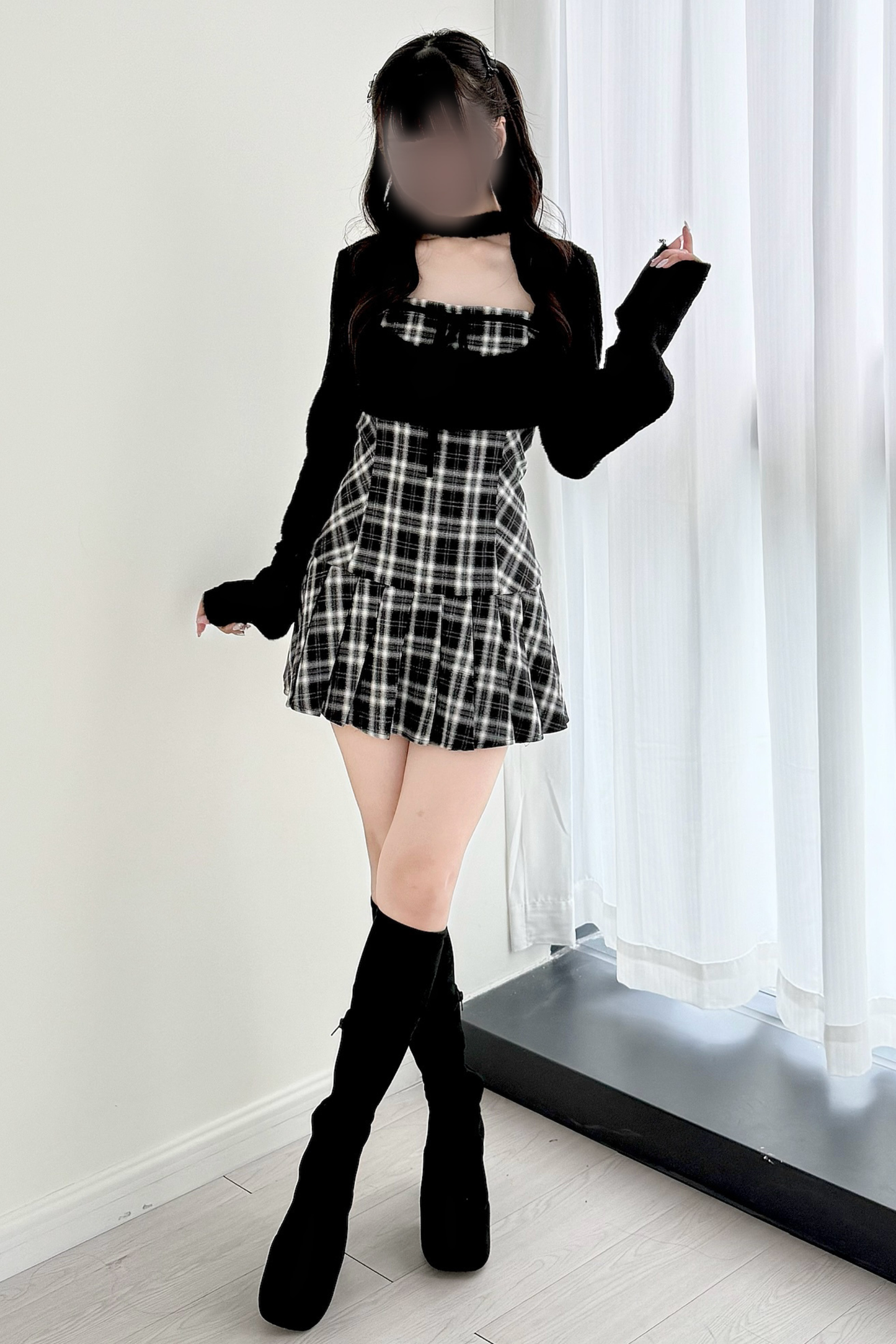 Checked Flared Dress + Short Cardigan