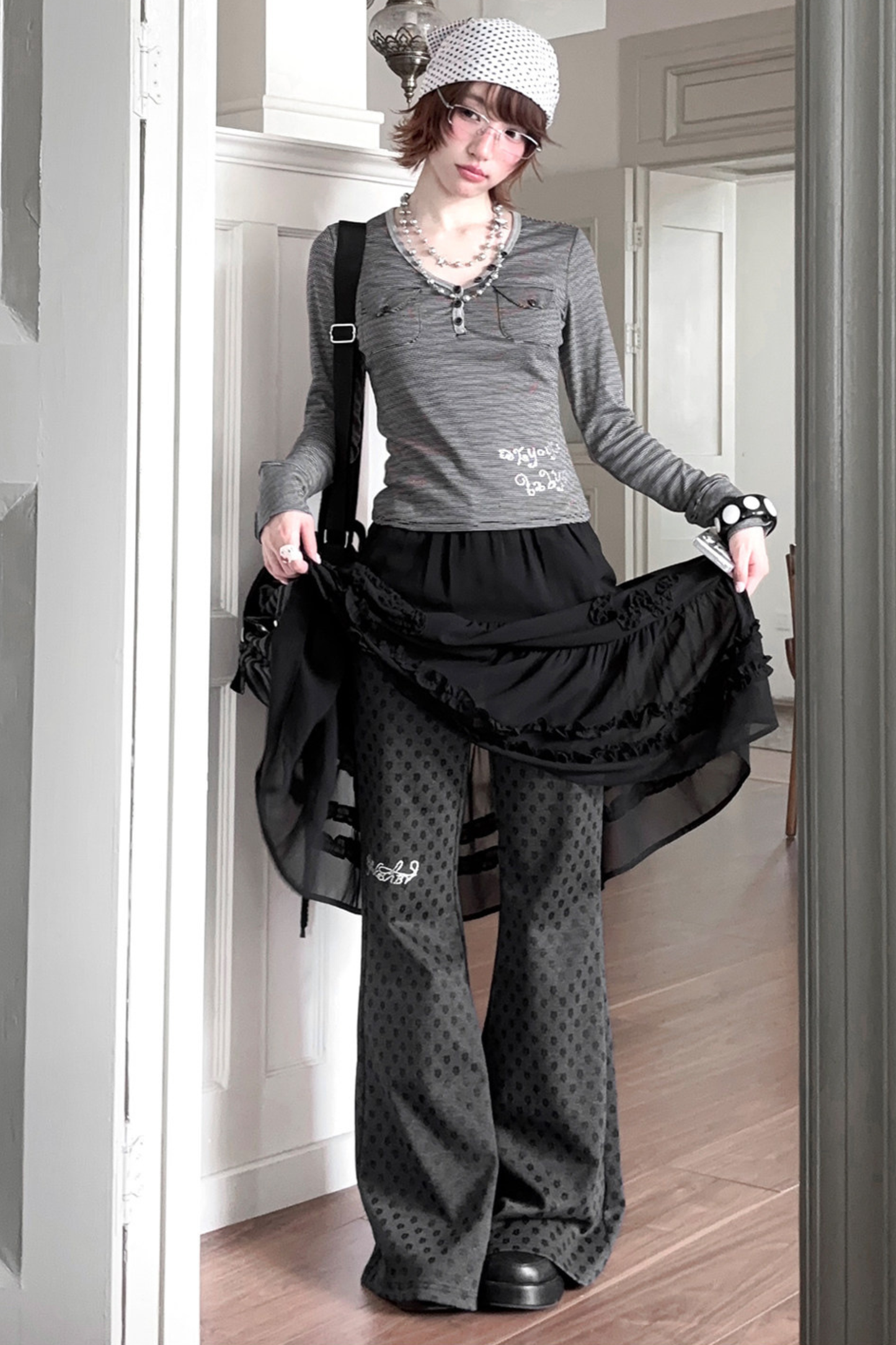 Y2k Striped V-neck Top + Skirt + Pants