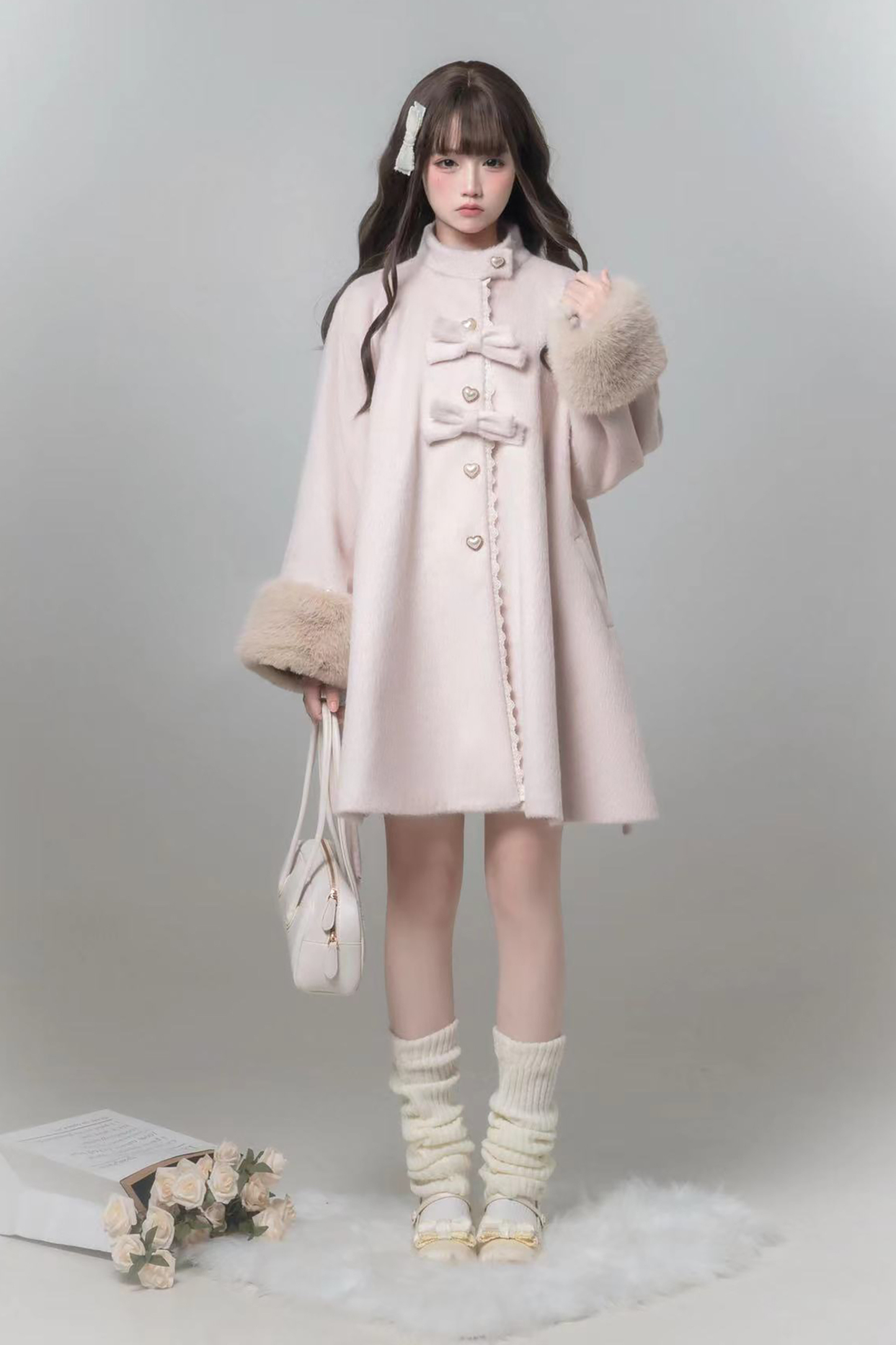 Sweet Girly Ribbon Flared Coat + Fur Collar + Shirt + Skirt + Beret
