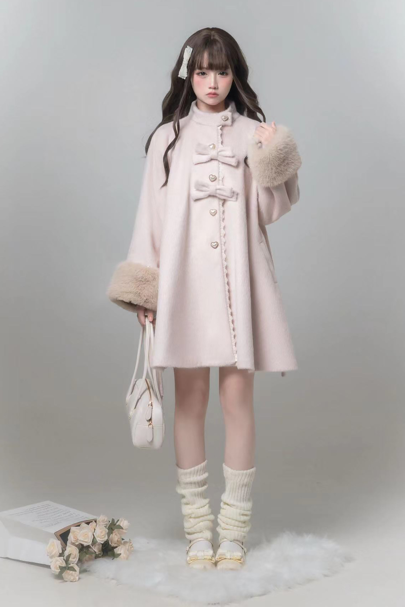 Sweet Girly Ribbon Flared Coat + Fur Collar + Shirt + Skirt + Beret