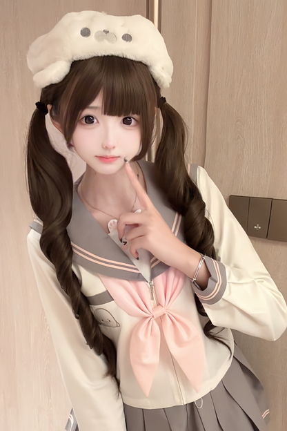 Sweet Girly Sailor Top + Skirt + Ribbon + Brooch
