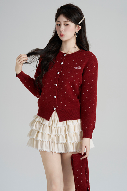 French Style Dotted Cardigan With Scarf