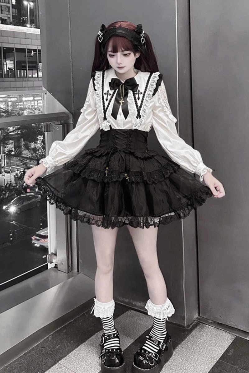Holy Cross Flutter Sleeve Suspender Skirt + Shirt