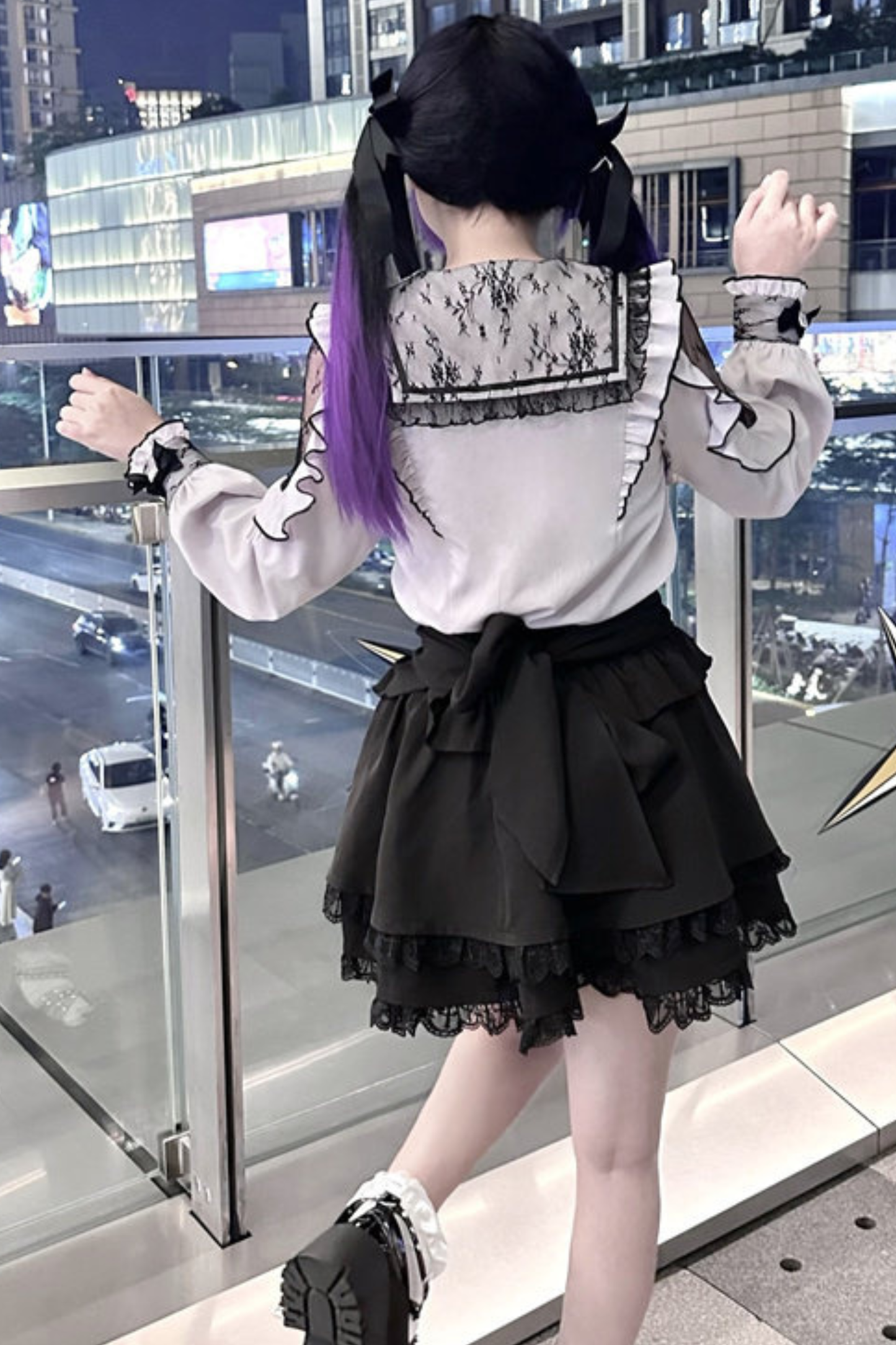 Lace Dark Shirt + Flare Skirt