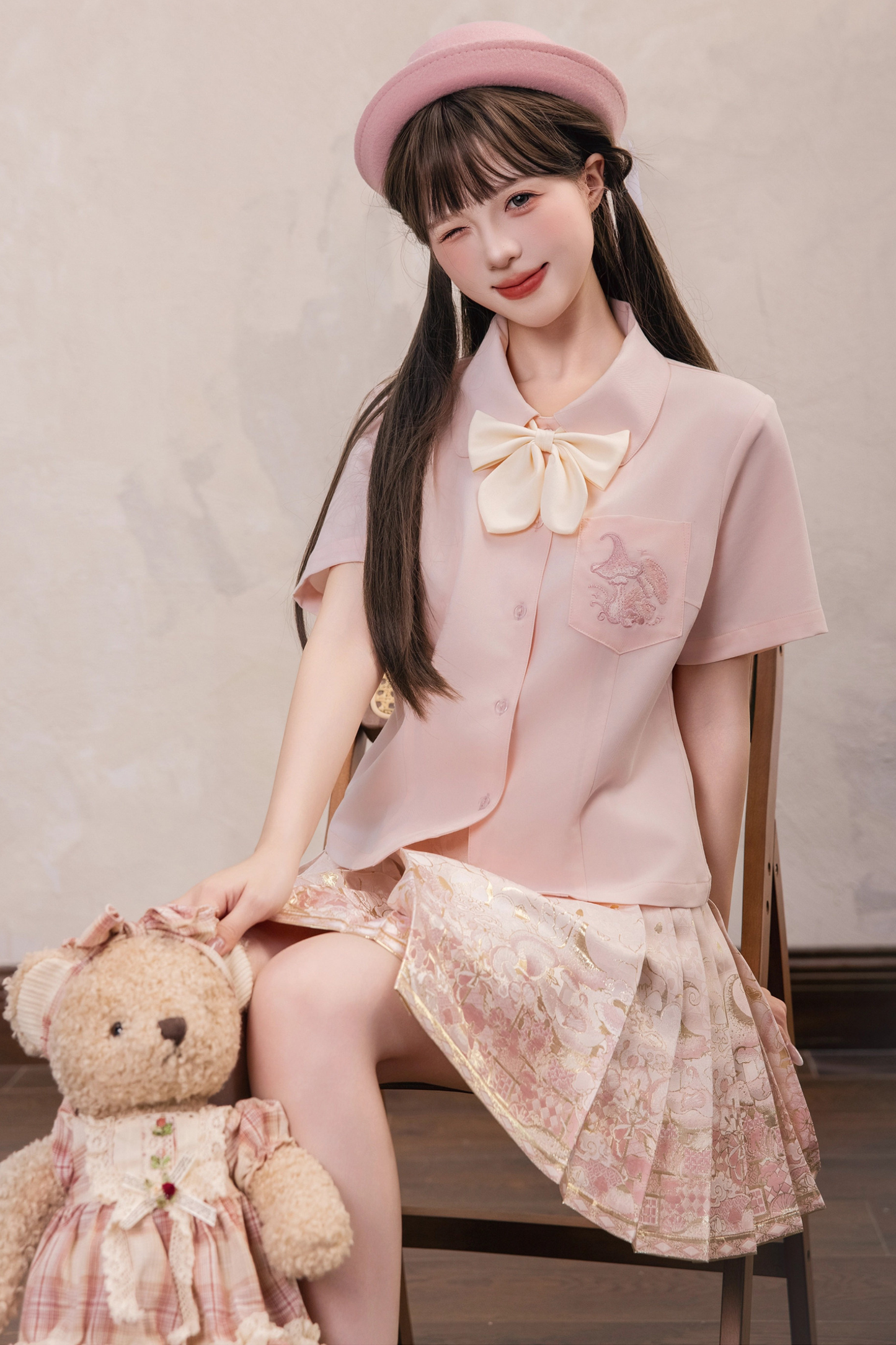 Sweet Chinese-style Preppy Shirt + Skirt + Bow Tie