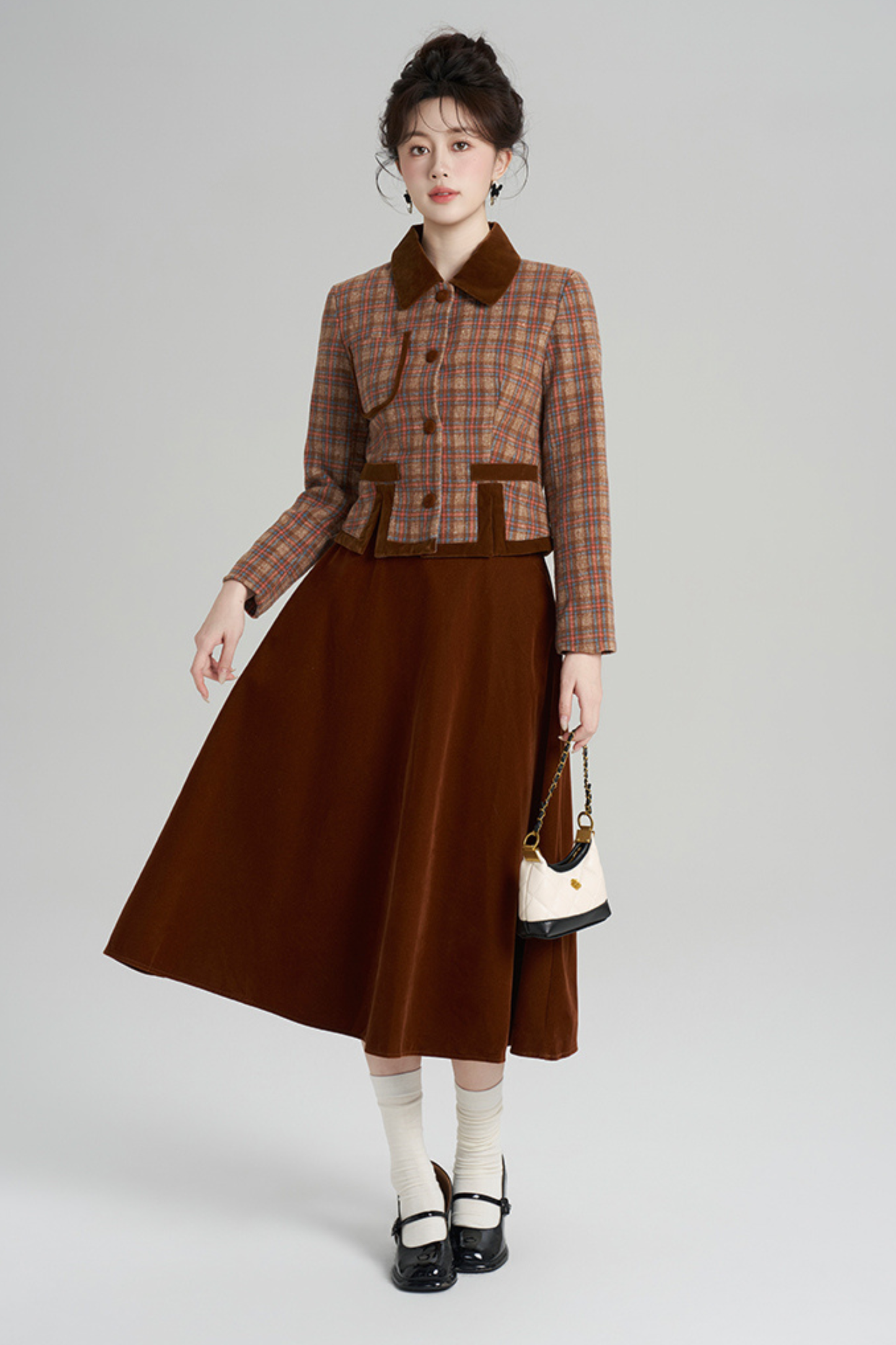 Plaid Jacket + Retro Plaid Velvet Skirt