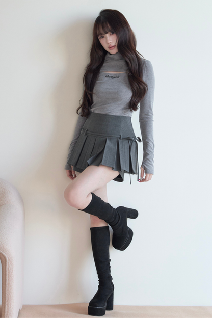 High Neck Knit Top + Plaid Skirt