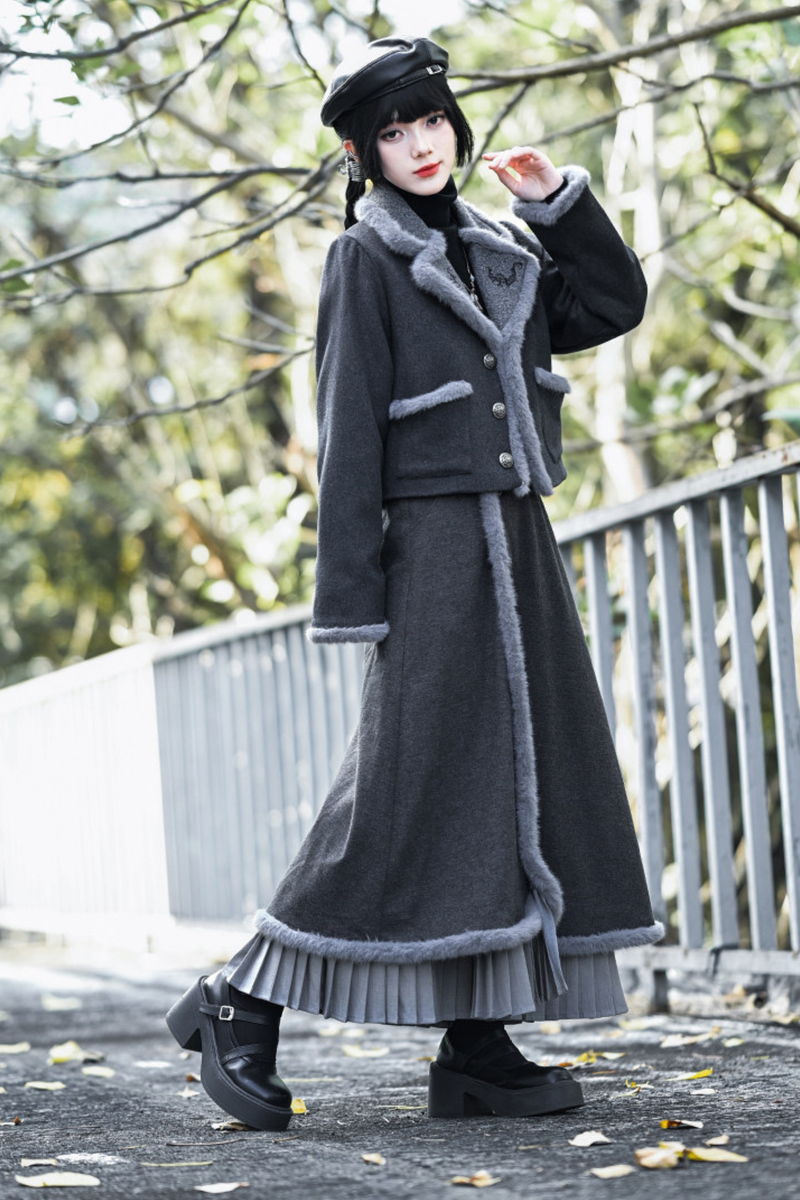 Retro Mode Faux Fur Short Jacket + Skirt
