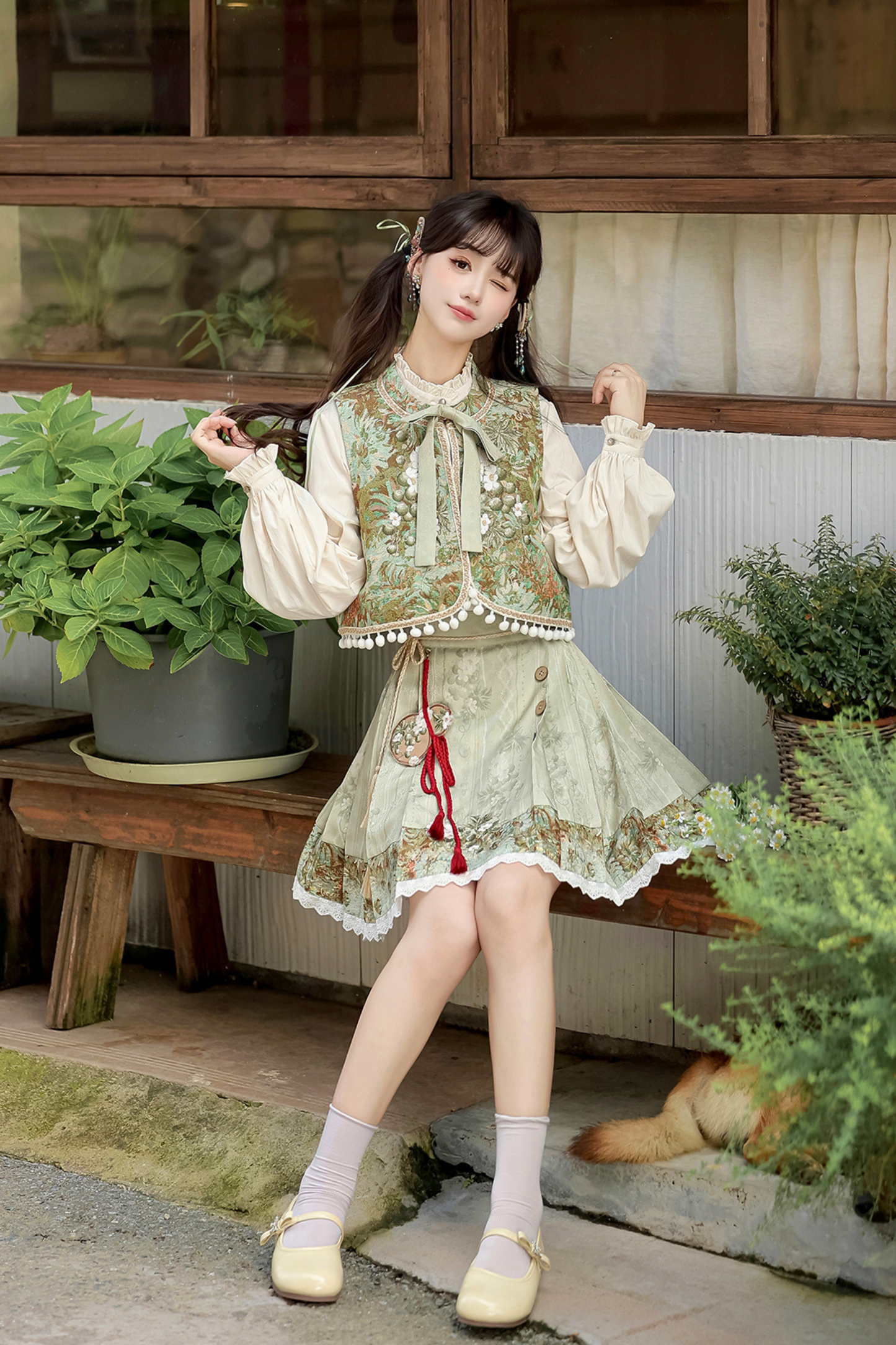 Forest Chinese-style Vest + Blouse + Skirt