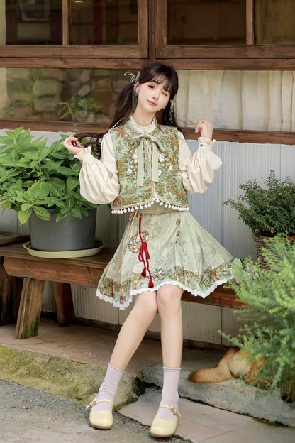Forest Chinese-style Vest + Blouse + Skirt
