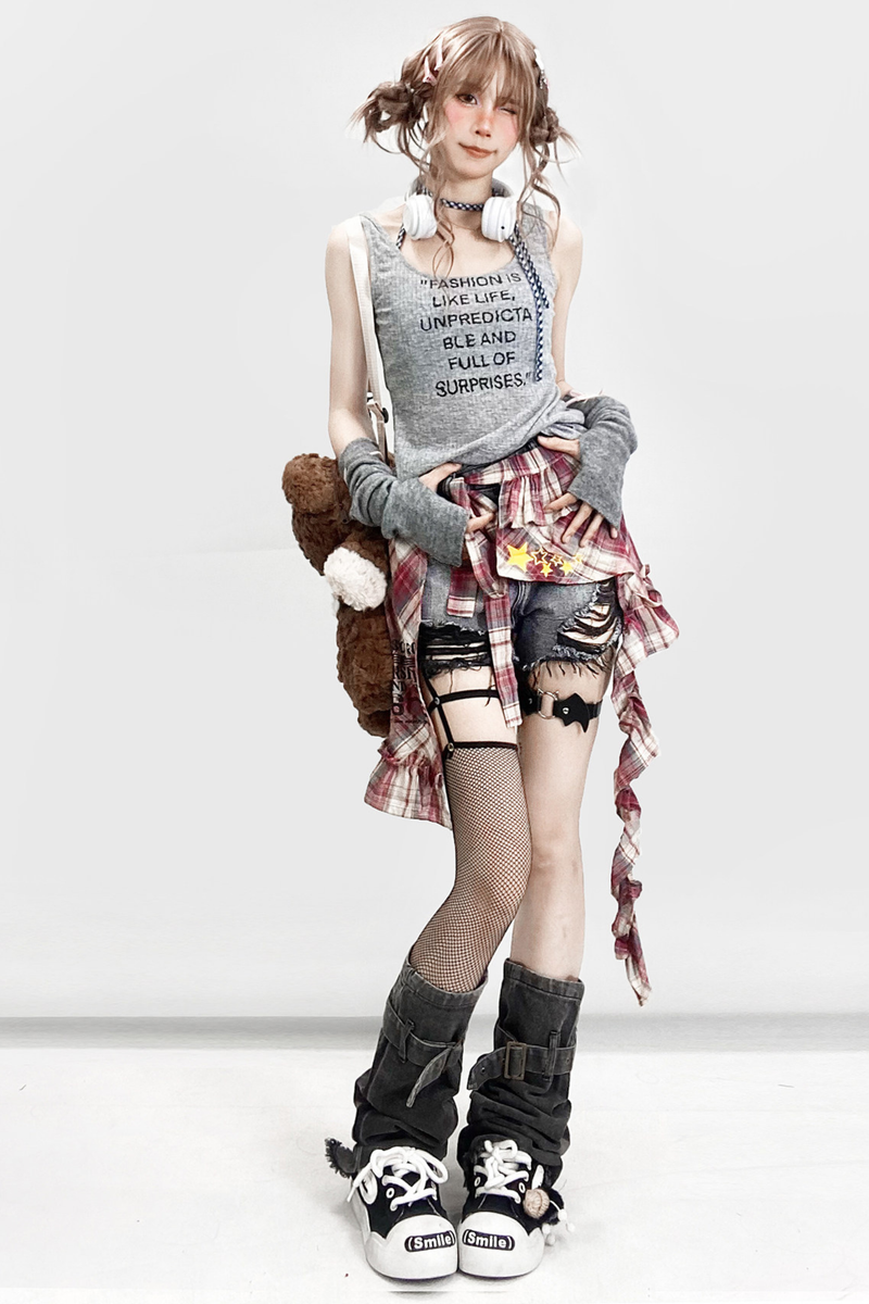 Retro Black Denim Pants + Plaid Curtain