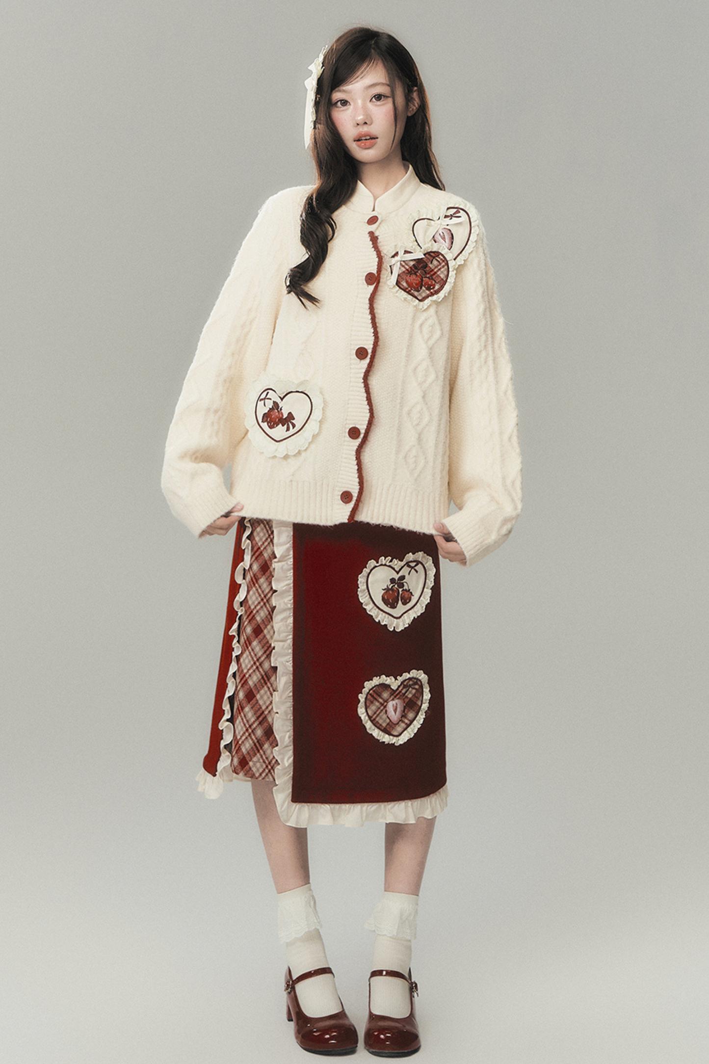 Strawberry Cream Cardigan + Skirt + High Neck Top + Hairpin