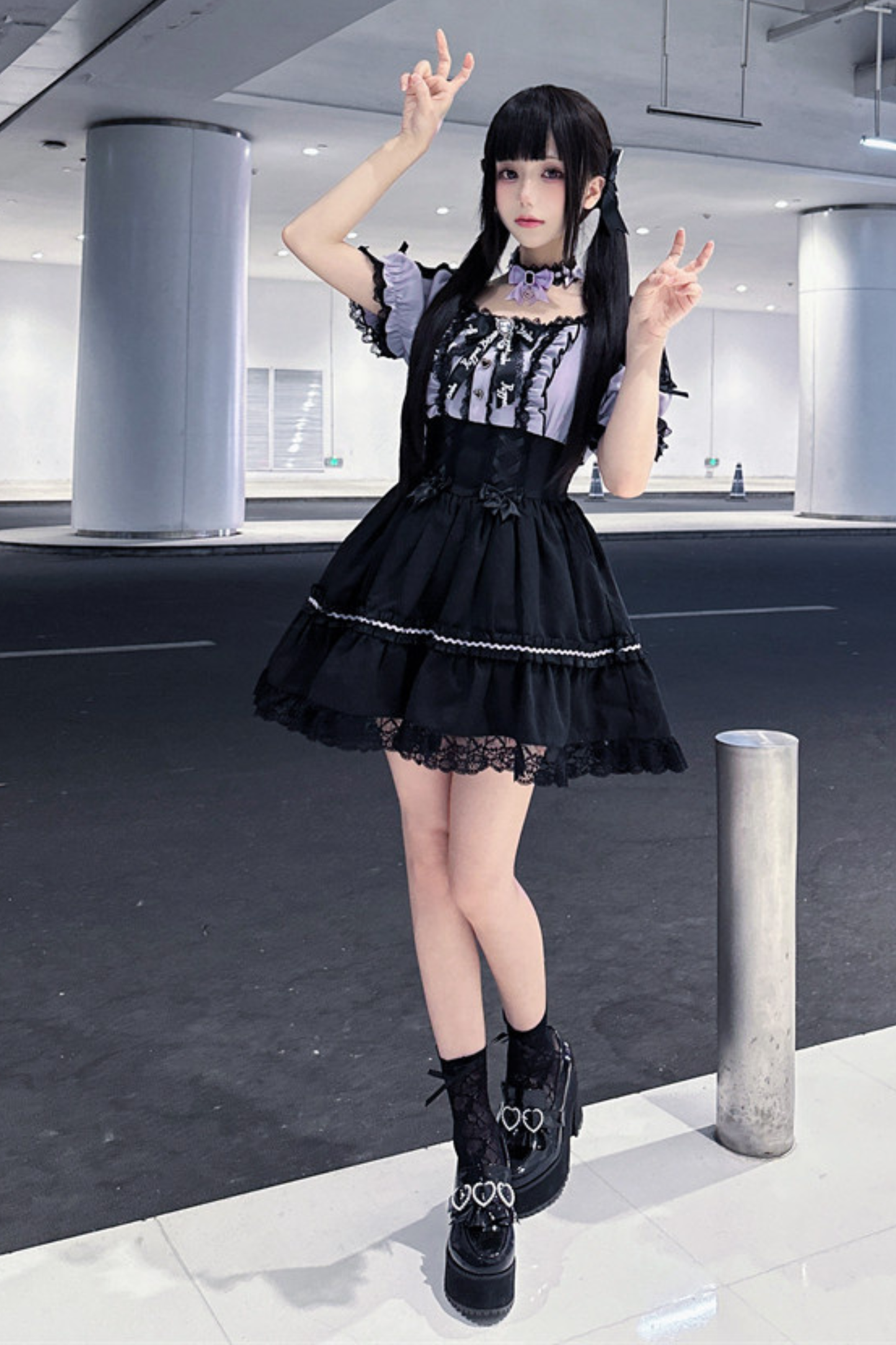 Purple Lace Sweetheart Dress + Ribbon Clip + Necklace