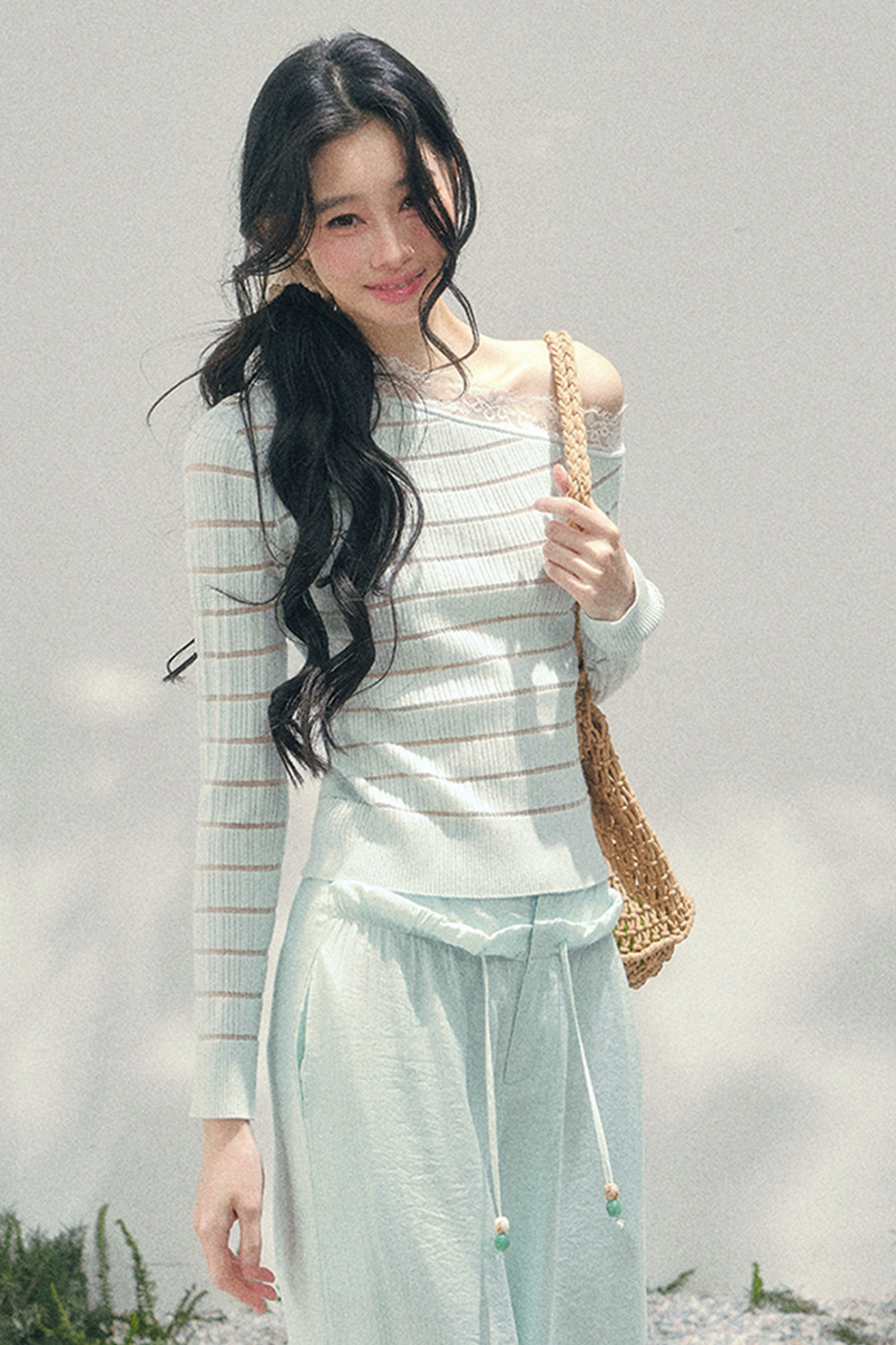 One Shoulder Glance Lace Striped Top