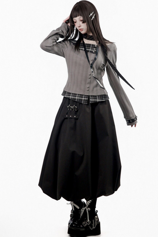 Y2k Dark Top + Flare Skirt + Scarf