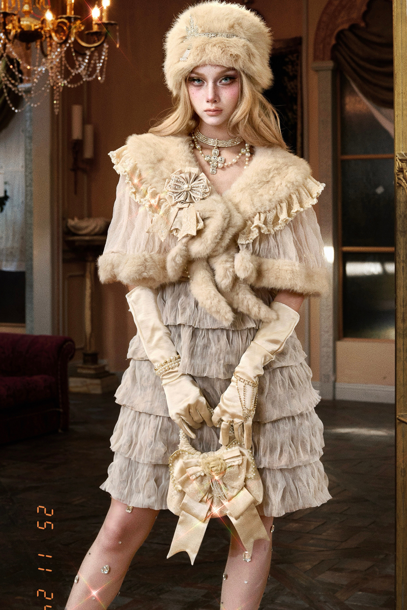 Night Party Gothic Fur Shawl + Hat + Brooch