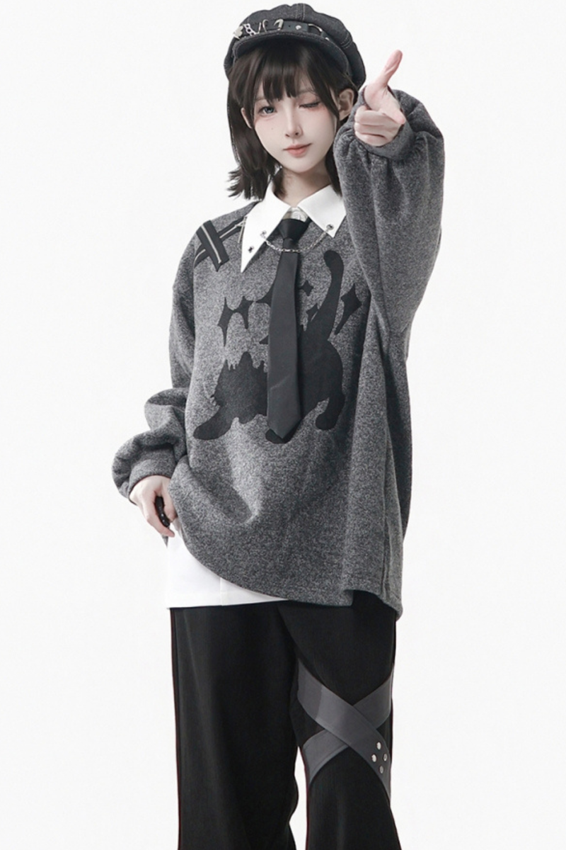 Gray Winter Preppy College Long Top + Short Top + Skirt + Pants + Shirt