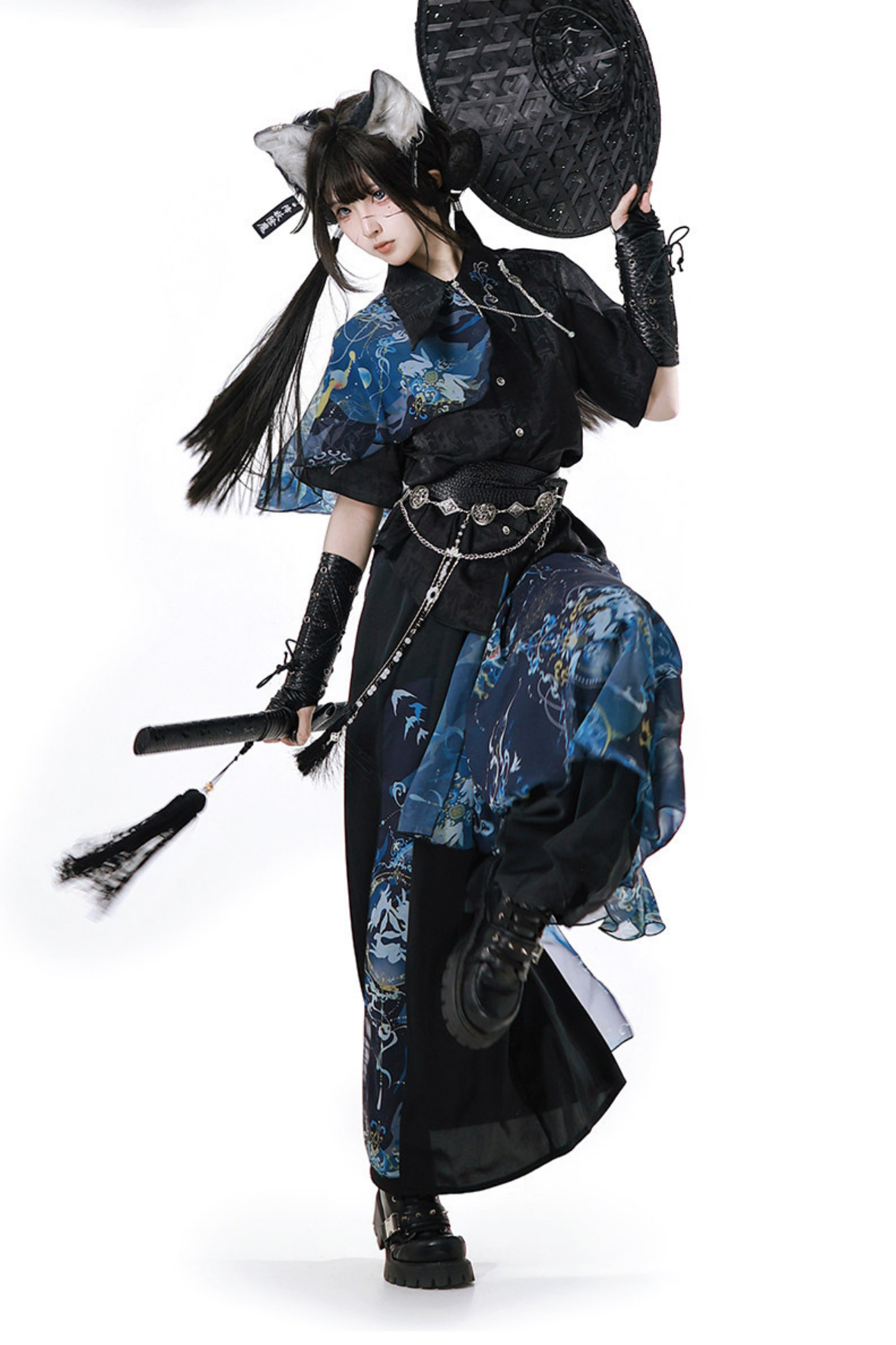 Dark Chinese-style Shirt + Wide Leg Pants + Chain + Belt