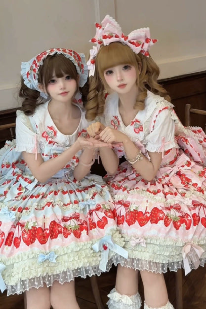 Strawberry Lolita Jumper Skirt + Rabbit Hair Scarf + Big Ribbon + Top + Hat + Bonnet