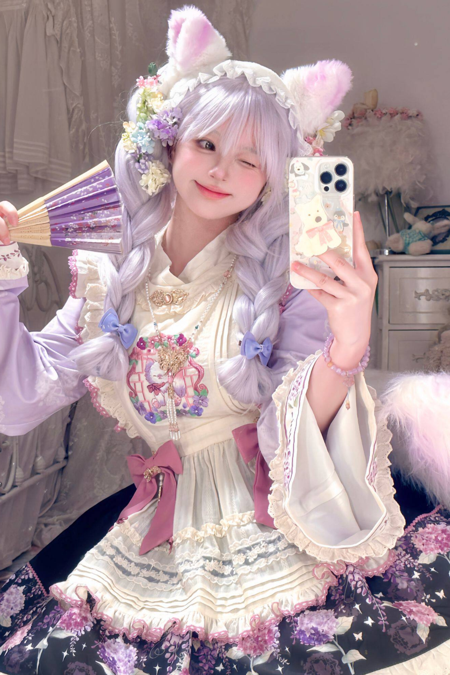 Chinese-style Lolita Top + Skirt + Apron + Headband + Bonnet