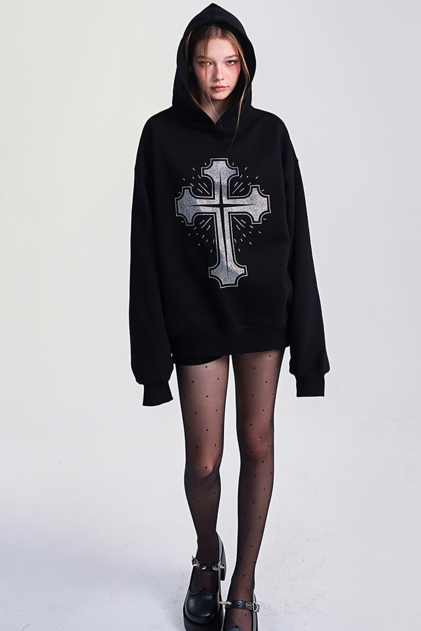 Big Cross Design Loose Hooded Sweatshirt
