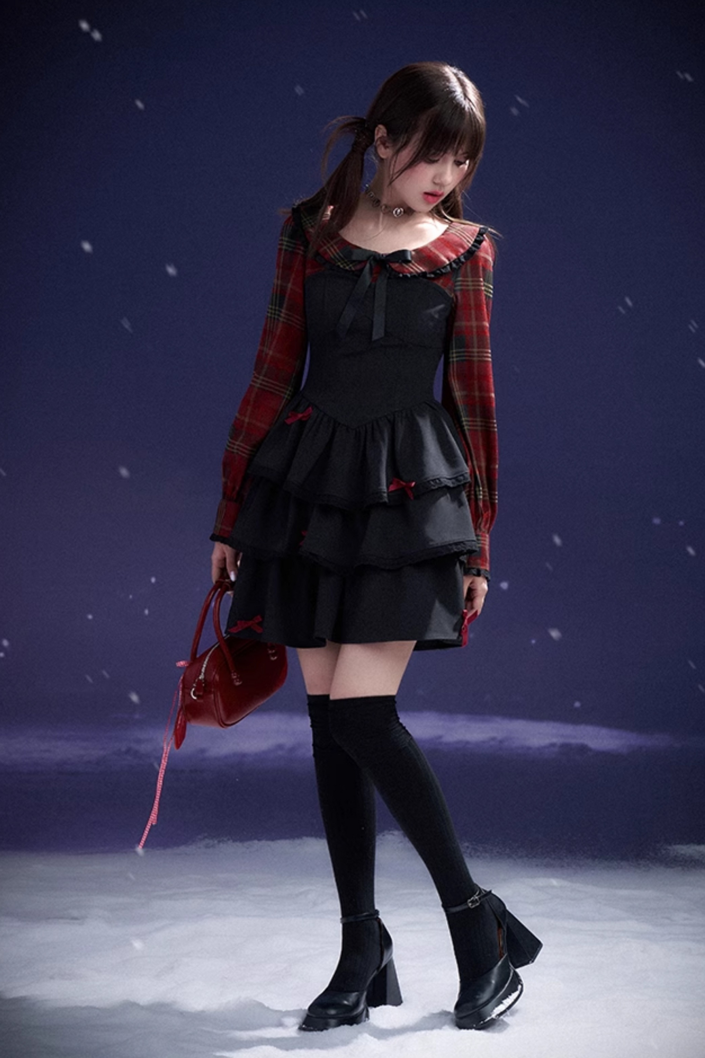 Plaid Faux Two Piece Tiered Dress