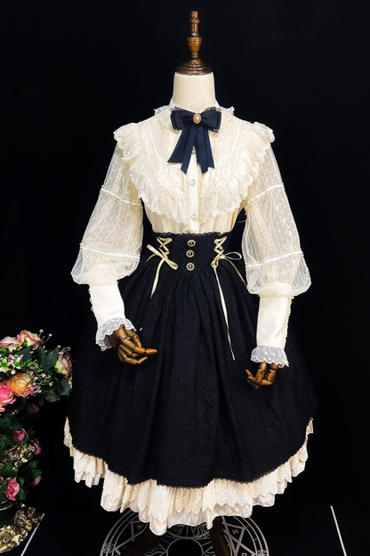Retro Lolita Shirt + Lace-up High-waist Lolita Skirt