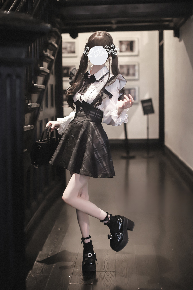 Ruffle Plaid Short Suspender Skirt + Shirt + Ribbon
