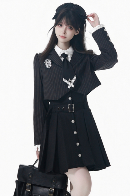 College Jacket + Suspender Skirt + Blouse + Tie