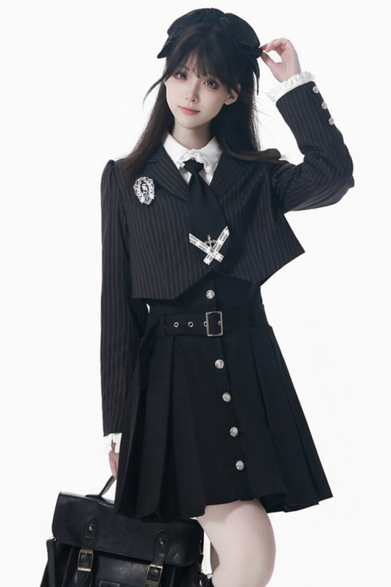 College Jacket + Suspender Skirt + Blouse + Tie