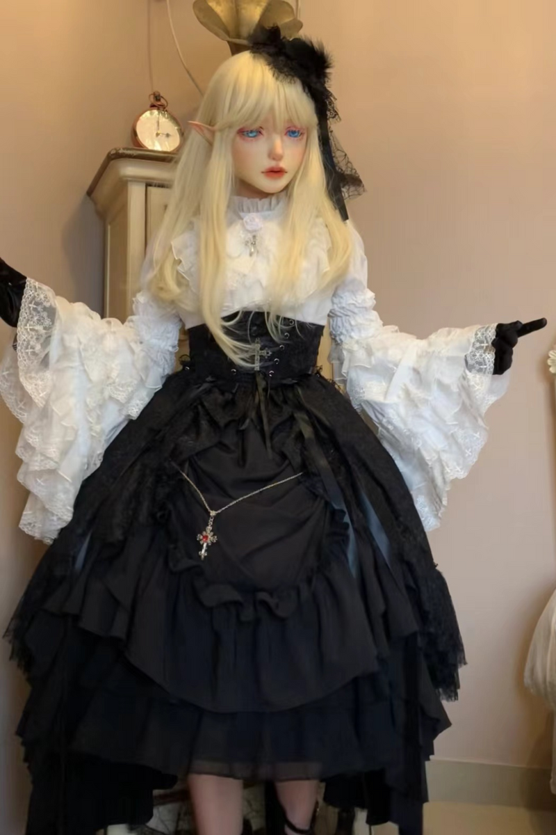 Gothic Super Jisleeve Lolita Shirt + Ruffle Skirt + Hat