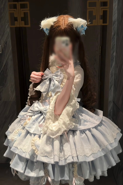 Layered Ruffle Sweet Princess Lolita Jumper Skirt + Tail + Headband + Cape + Bonnet