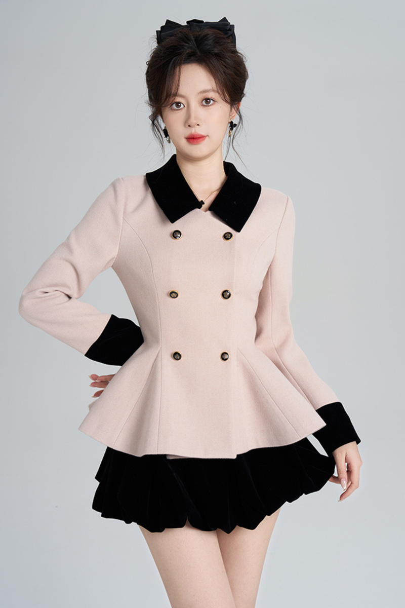 French Sweet Pink Flare Coat + Skirt
