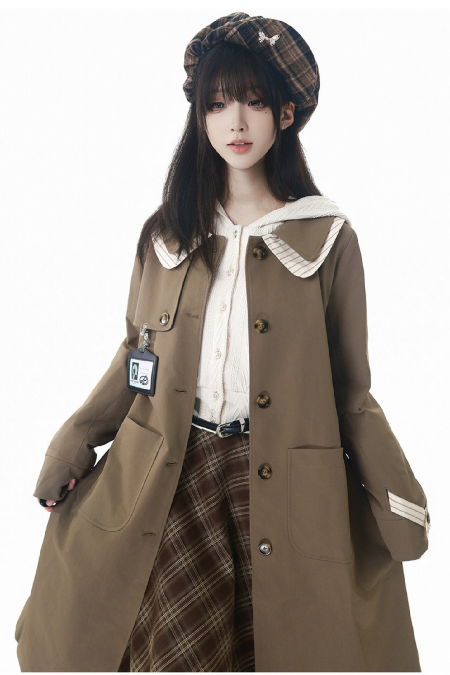 Maple Trench Coat + Hooded Top + Checkered Skirt + Shirt Dress
