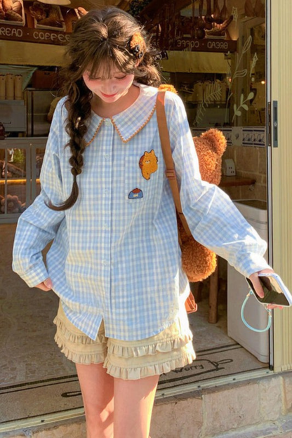 Cat Embroidered Plaid Blouse