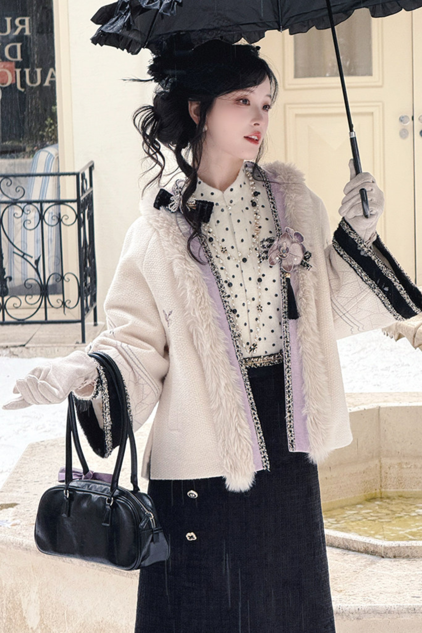 Butterfly Ink Dot Jacket + Top + Long Skirt + Brooch